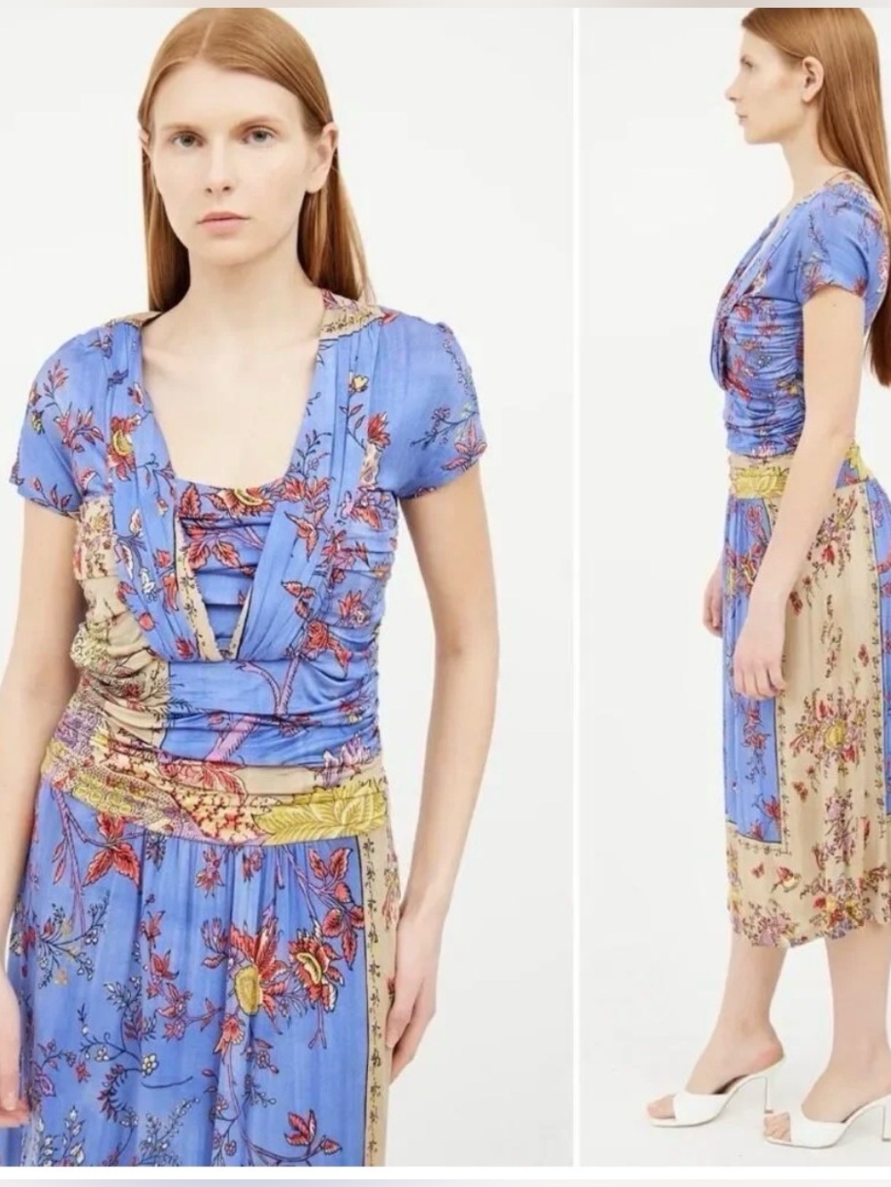 ETRO Milano Italy Ruched Floral Border Midi Dress Blue IT 42 US 6 EUC LUXURY